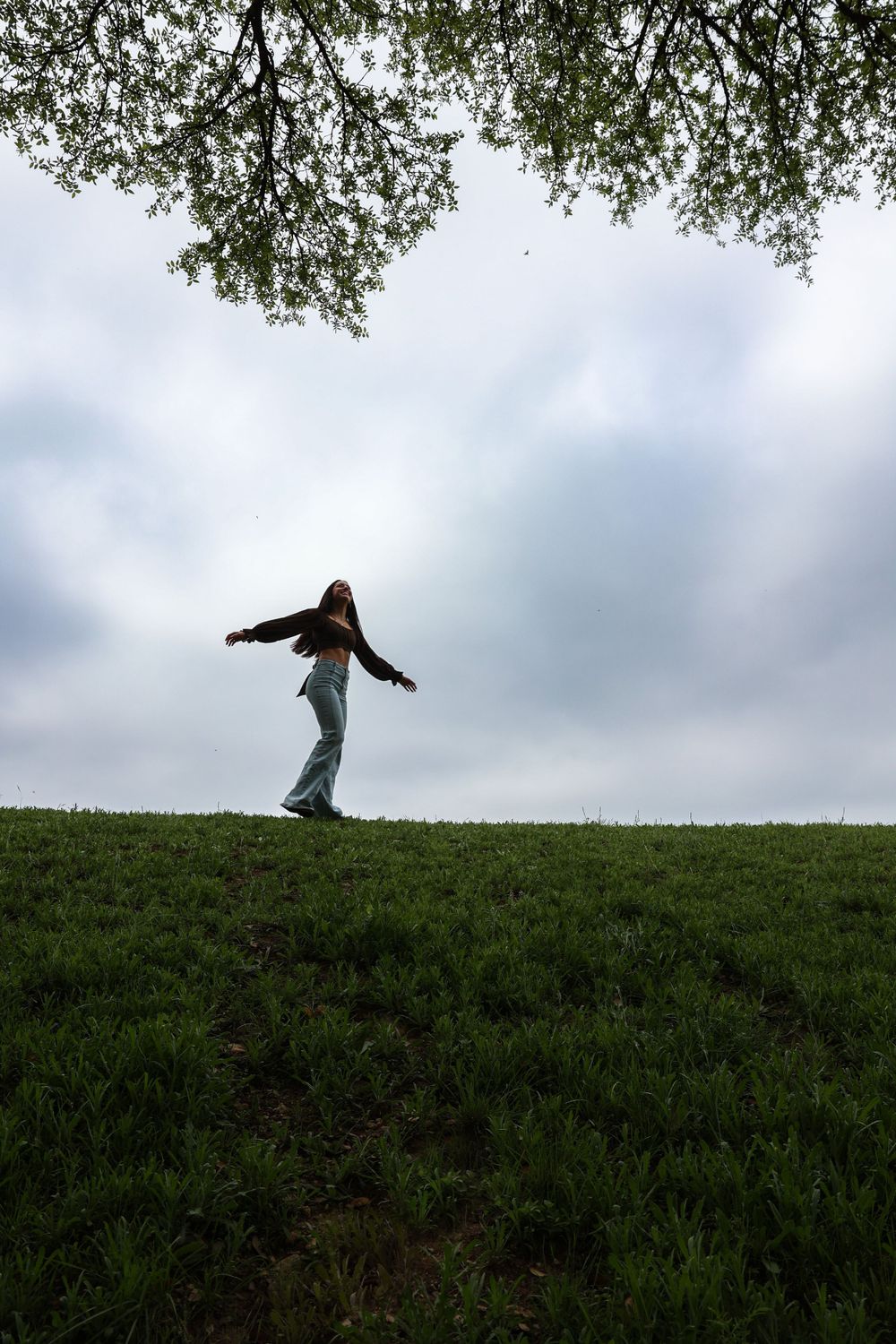 Silhouette of person with arms outstretched standing on grassy hill under cloudy sky.