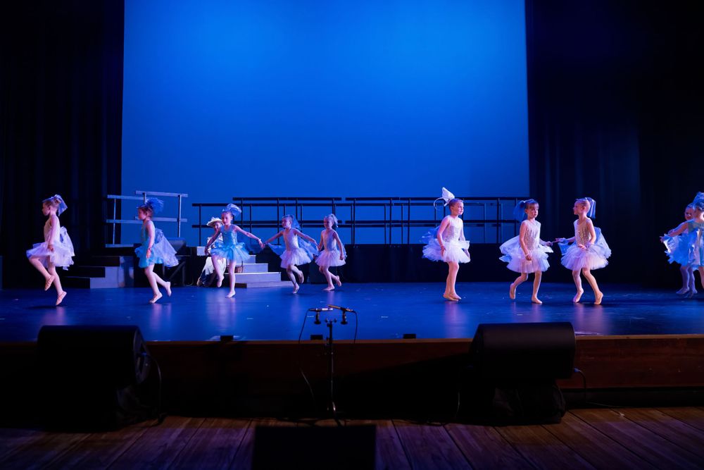 Line of dancers perform synchronized movements on stage under blue lighting.