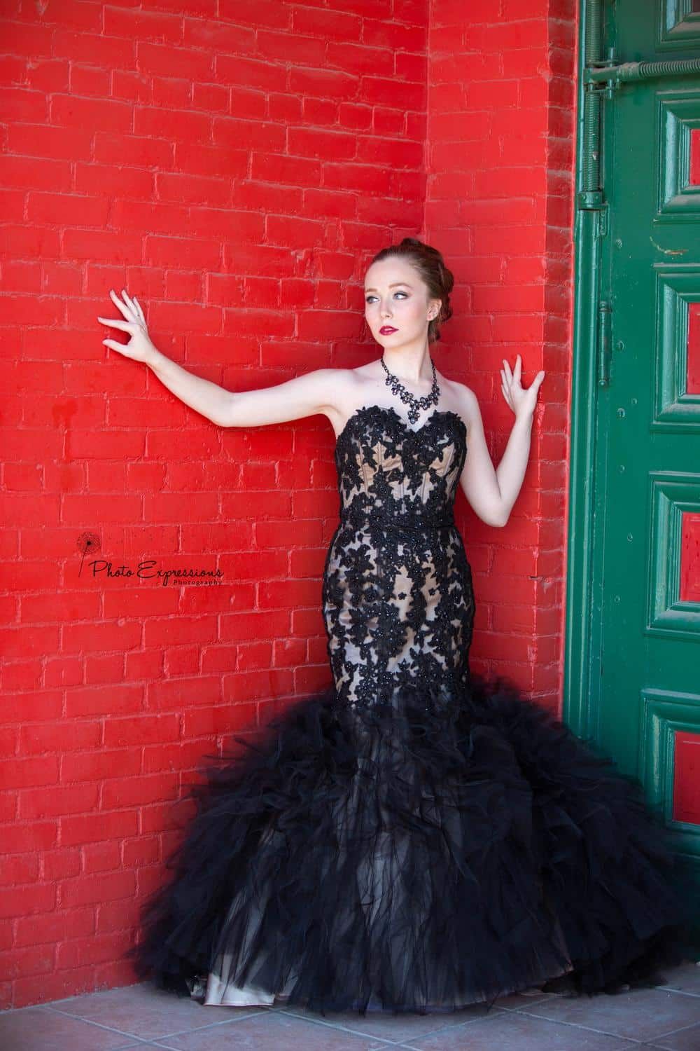 A black tulle ballgown creates dramatic silhouettes against a red brick wall with green trim.
