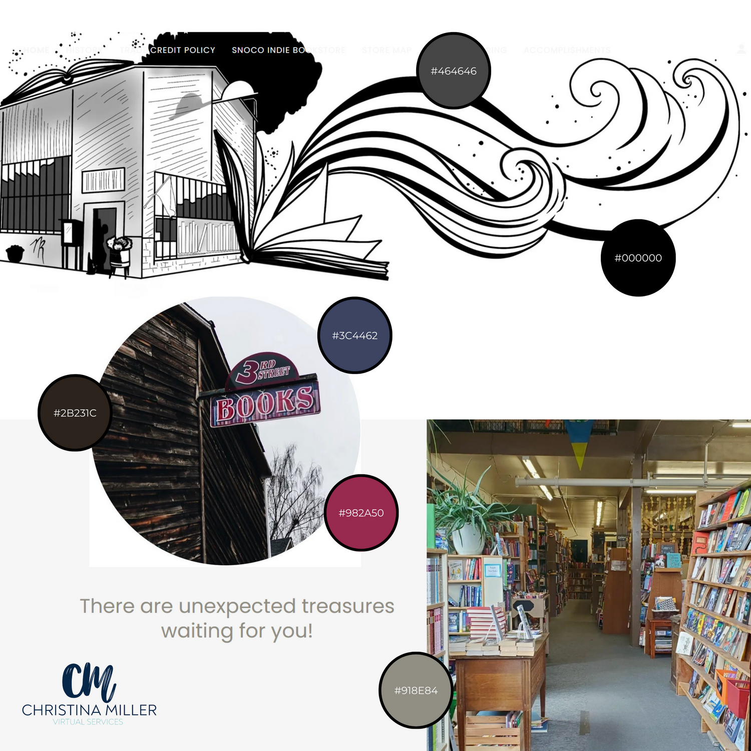 Artistic black and white bookstore collage with flowing abstract design elements.
