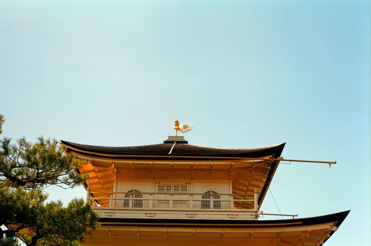 Golden temple roof detail against blue sky in traditional Japanese architecture.