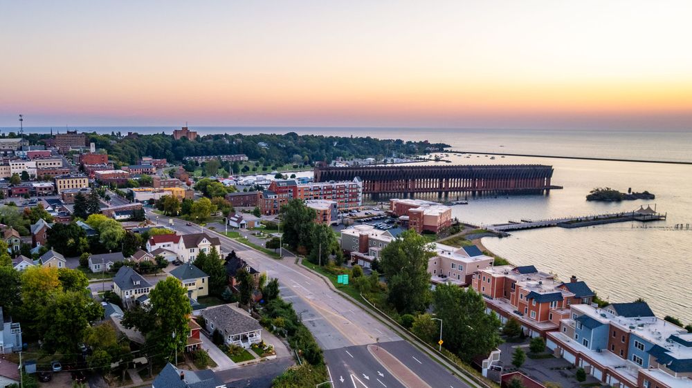 Drone shot of Downtown Marquette, MI