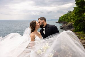 Wedding couple veil shot