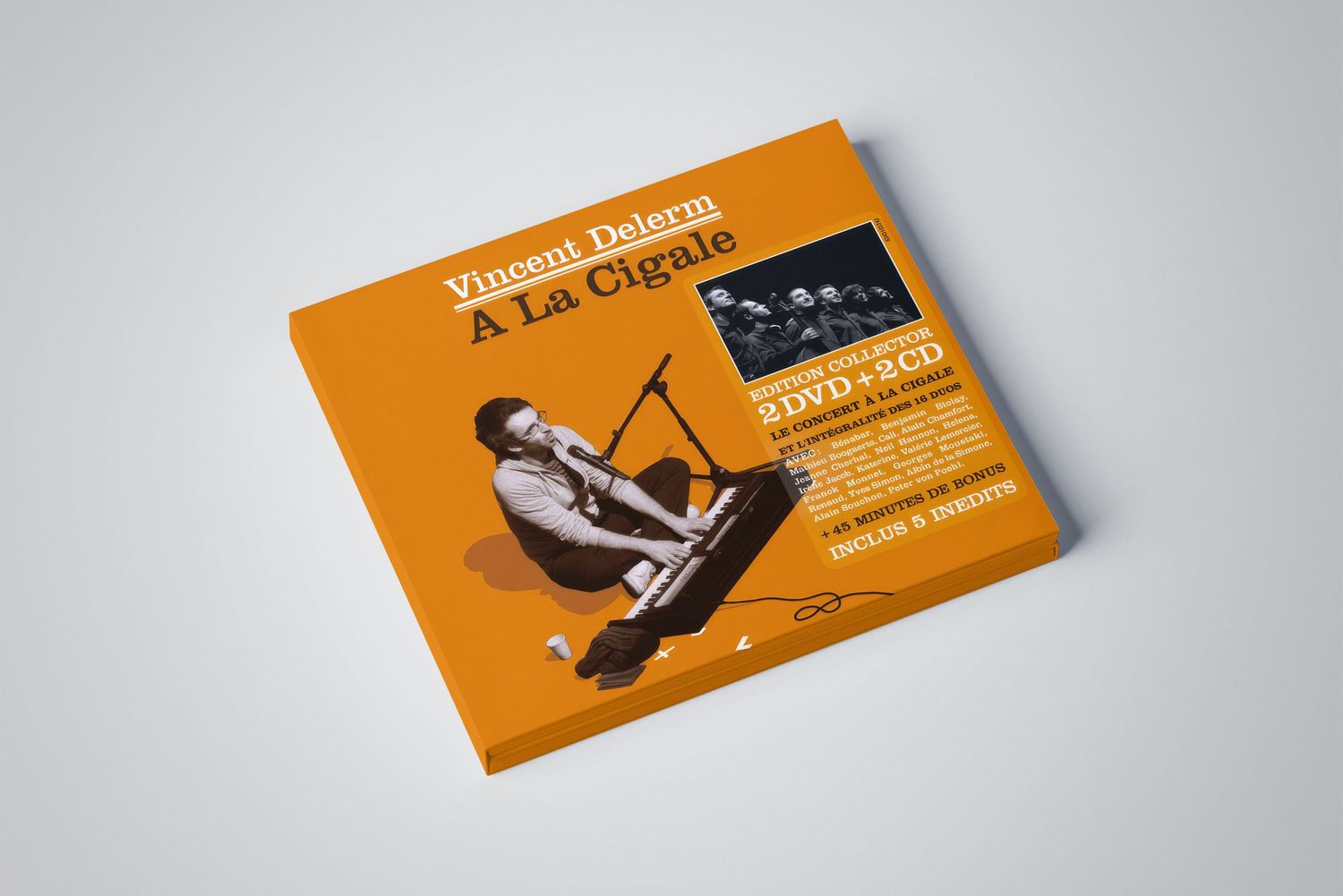 Orange music album cover showing vintage-style performance photo in monochrome.