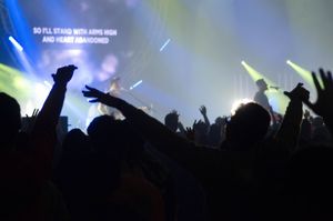 Concert crowd silhouettes with raised hands against colorful stage lighting.
