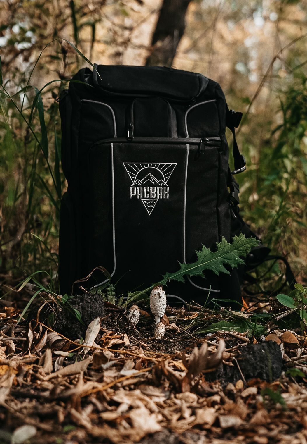 Black outdoor gear equipment photographed among fallen autumn leaves.
