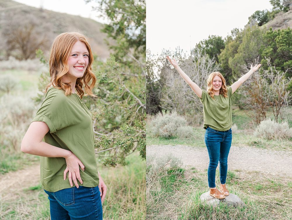 Lifestyle portraits in a natural mountain setting with casual outdoor styling.