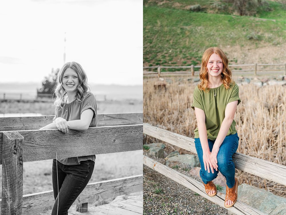 Side-by-side portraits in color and black and white on a rustic wooden fence.