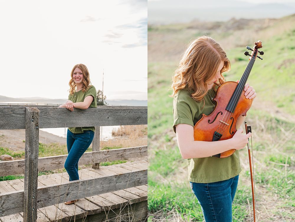 Collection of outdoor poses featuring violin music against mountain backdrops.