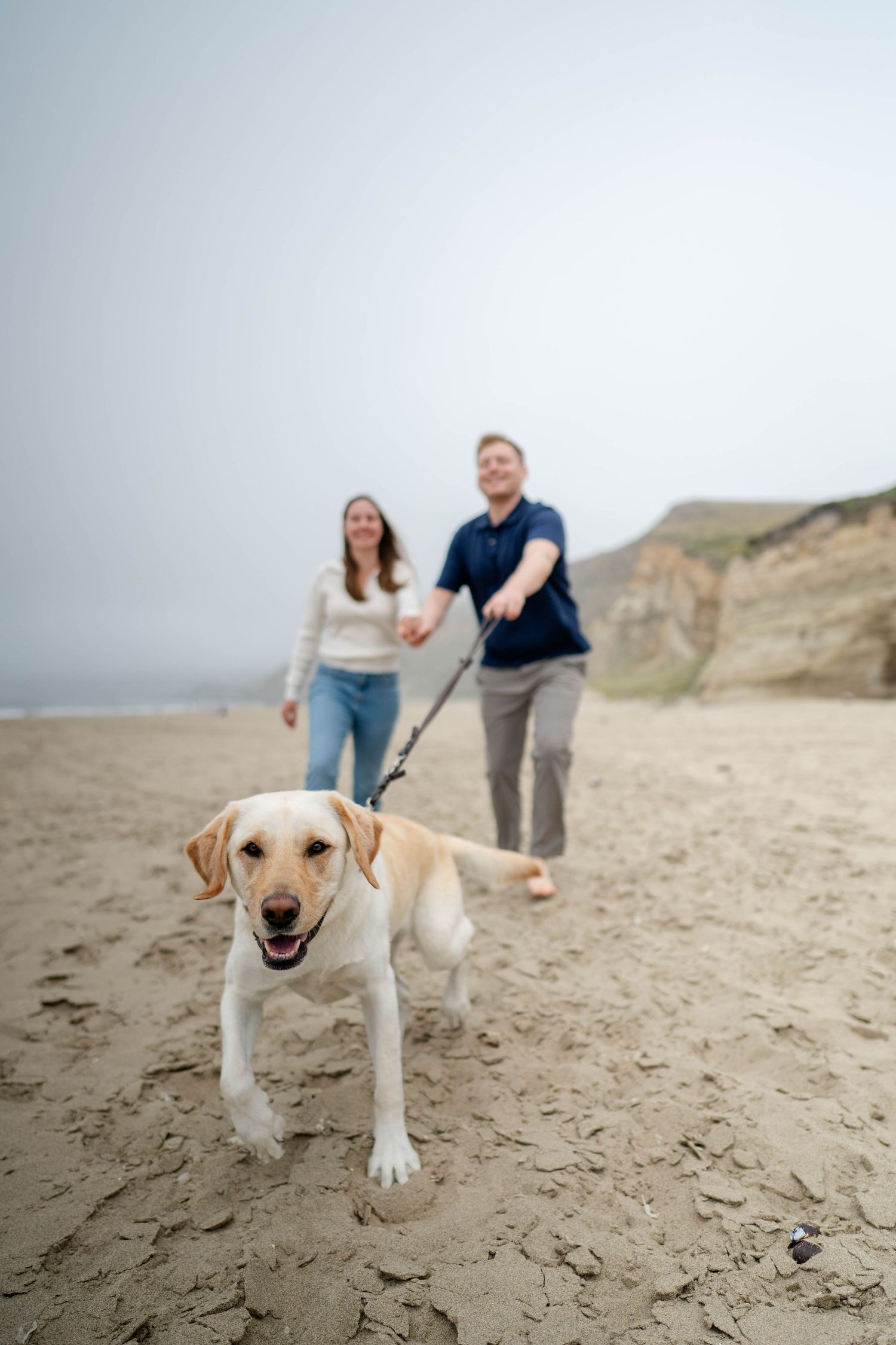 Couple walking with their golden Labrador retriever along a misty beach with cliffs in the background.