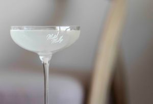 Elegant coupe cocktail glass with frosted finish in soft focus.