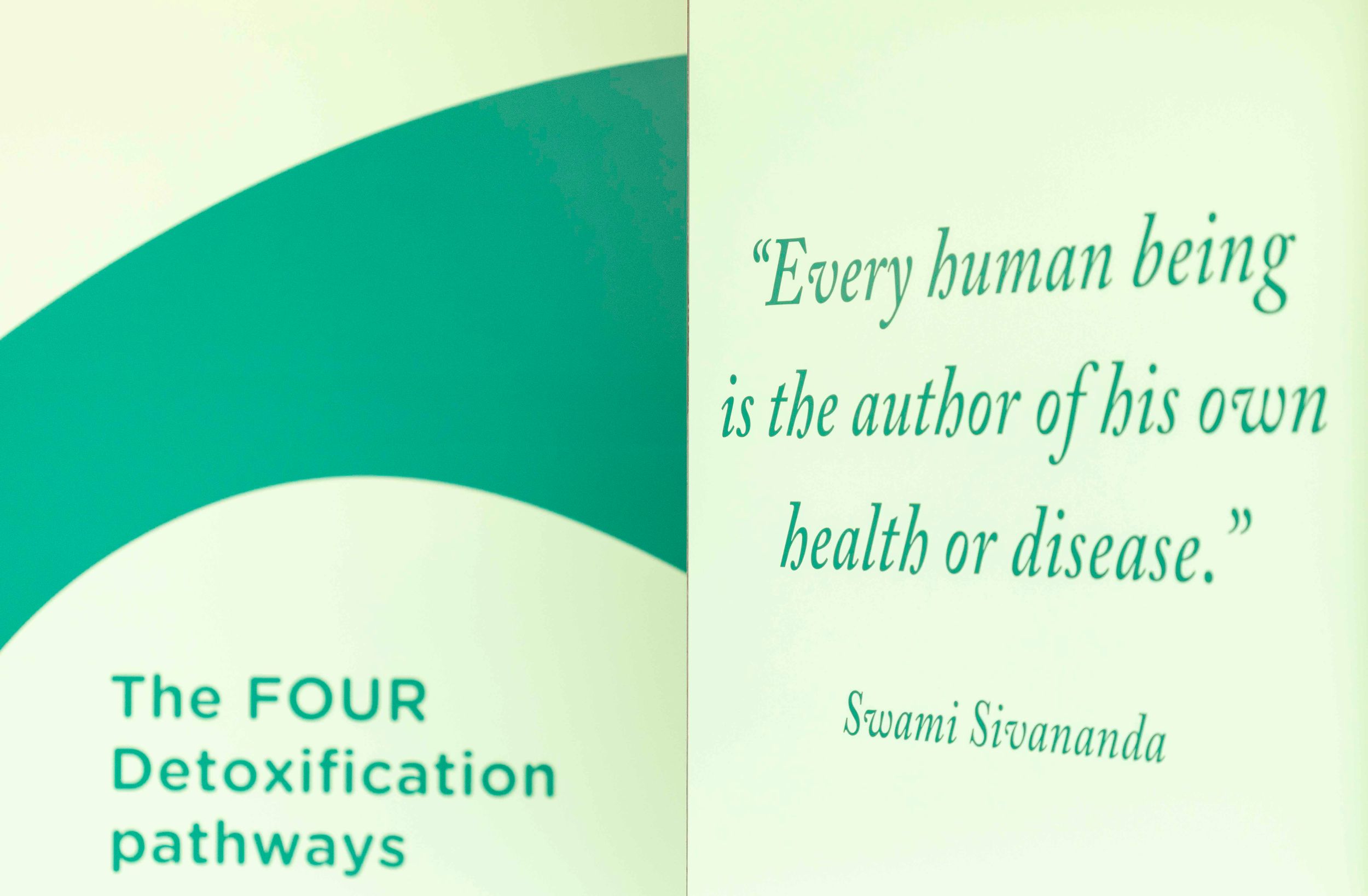 Health quote about detoxification pathways printed in teal text on white and green background.