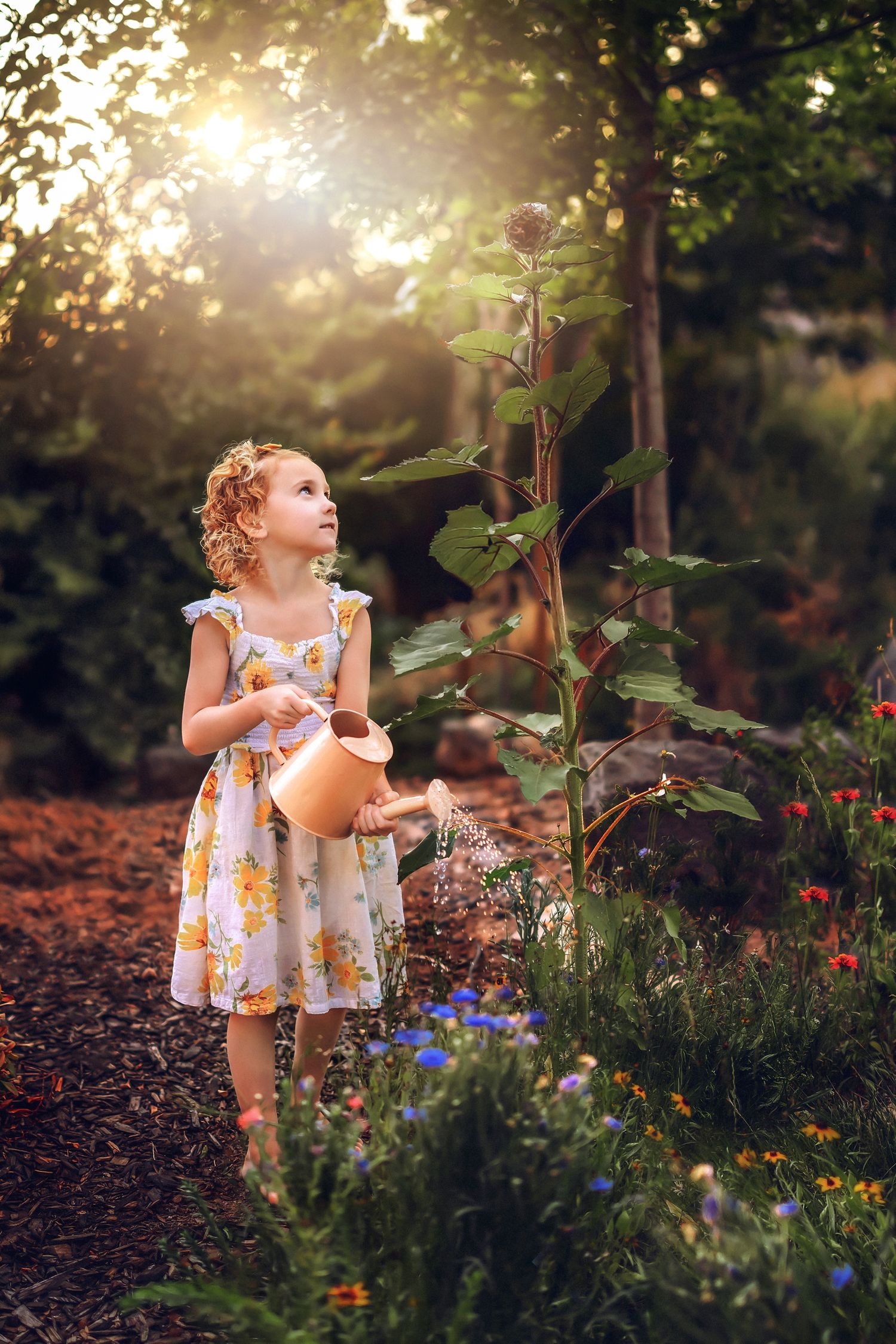 Small child in dress holding brown knitted teddy bear.