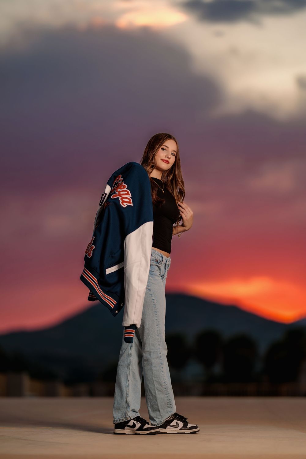 High School Senior picture session, Tucson, AZ, senior portraits, senior photographer, senior photos, sunset, mountains, varsity jacket