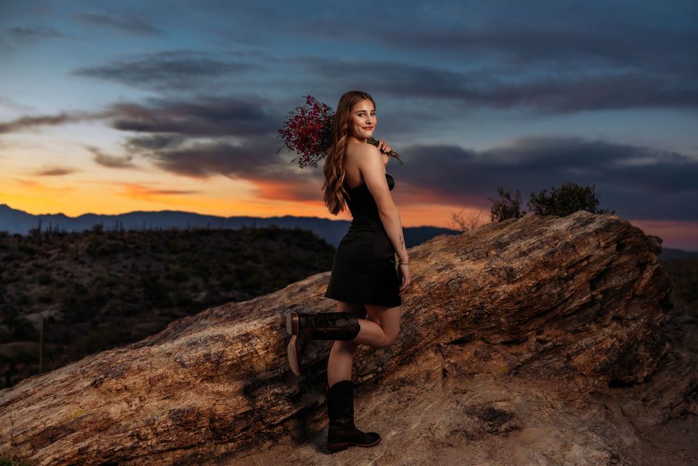 High School Senior picture session, Tucson, AZ, senior portraits, senior photographer, senior photos, sunset, rocks, mountain, flowers, boot