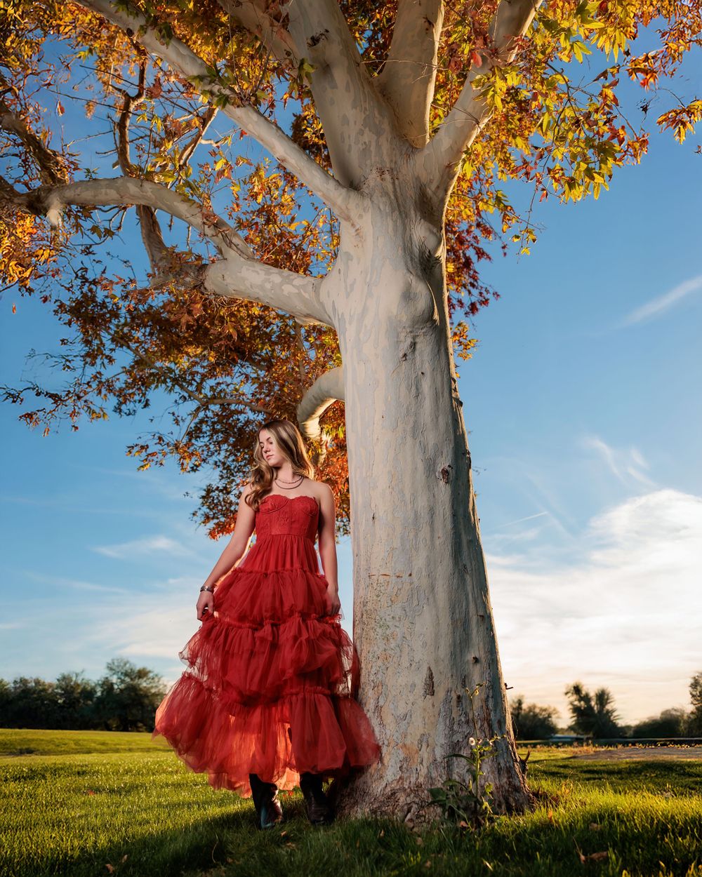 senior girl in rust colored dress and boots under a tree with fall leaves Tucson, AZ