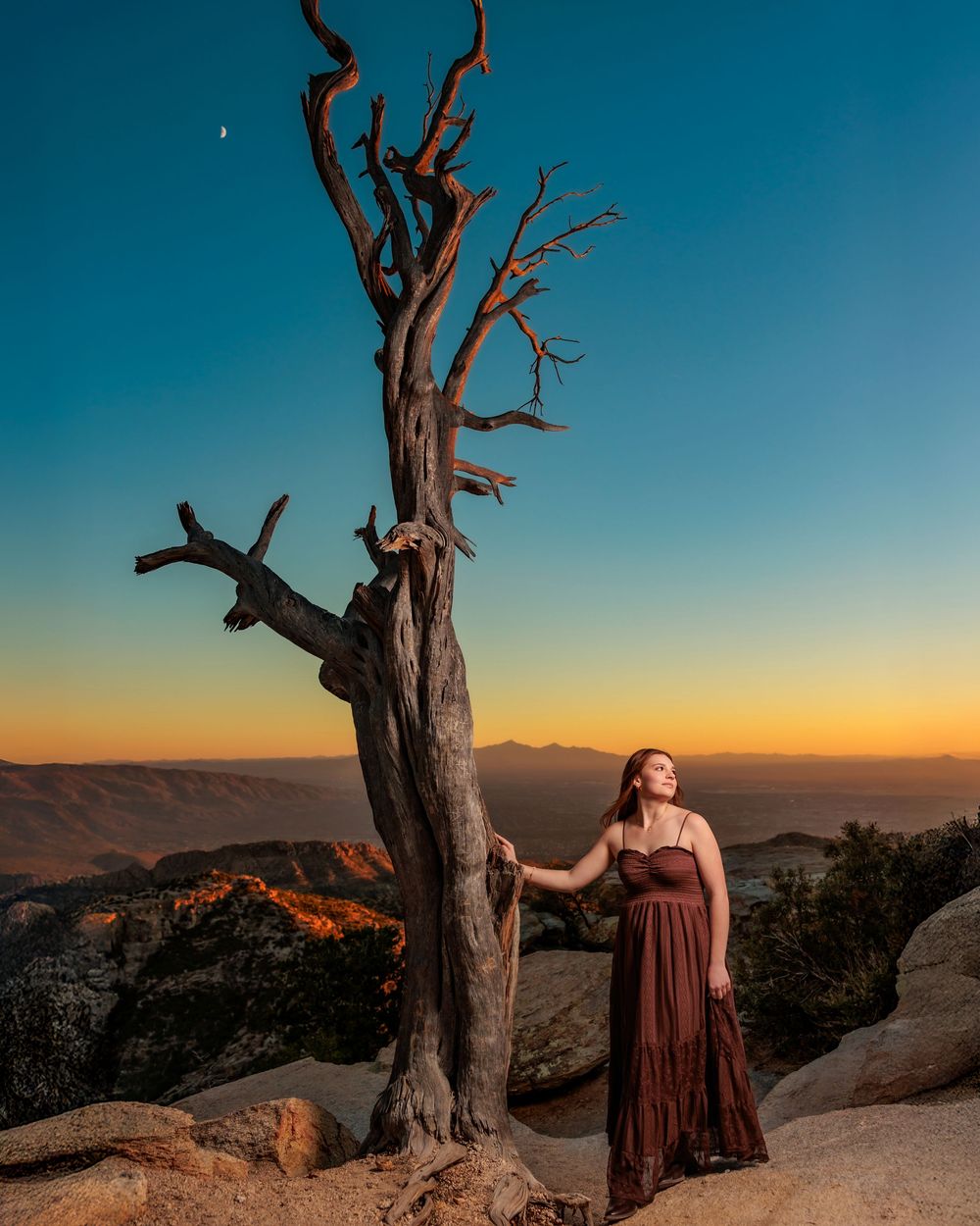 senior girl pictures Windy Point, Mt. Lemmon, Tucson, AZ at blue hour, sunset