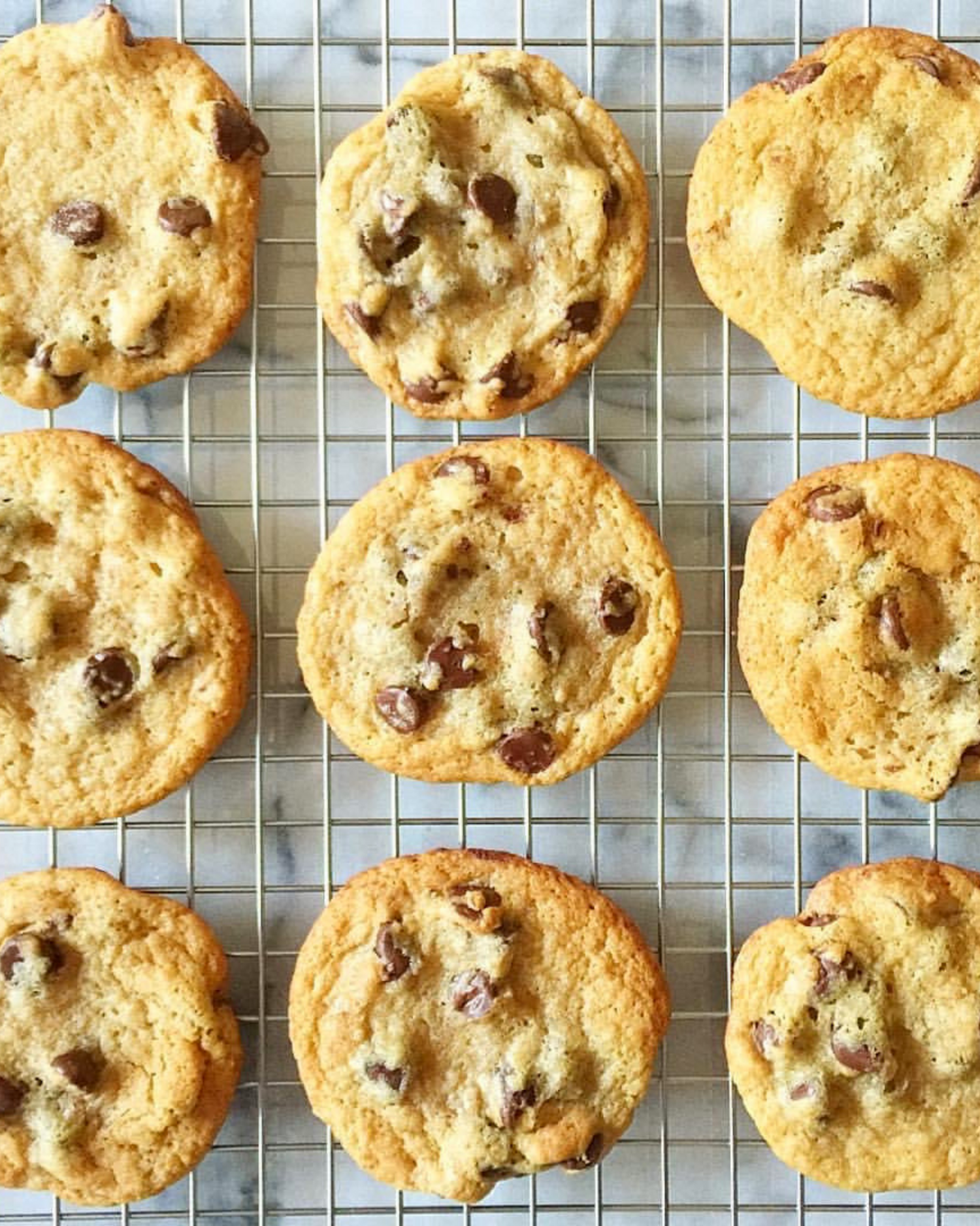 Golden chocolate chip cookies cooling on a wire rack with perfectly melted chocolate chunks.