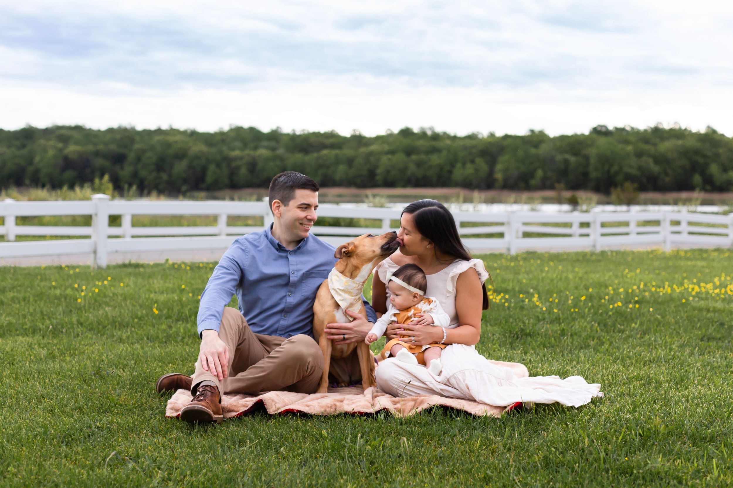 Family enjoys a picnic on blanket with their dog in a field with white fence in background.