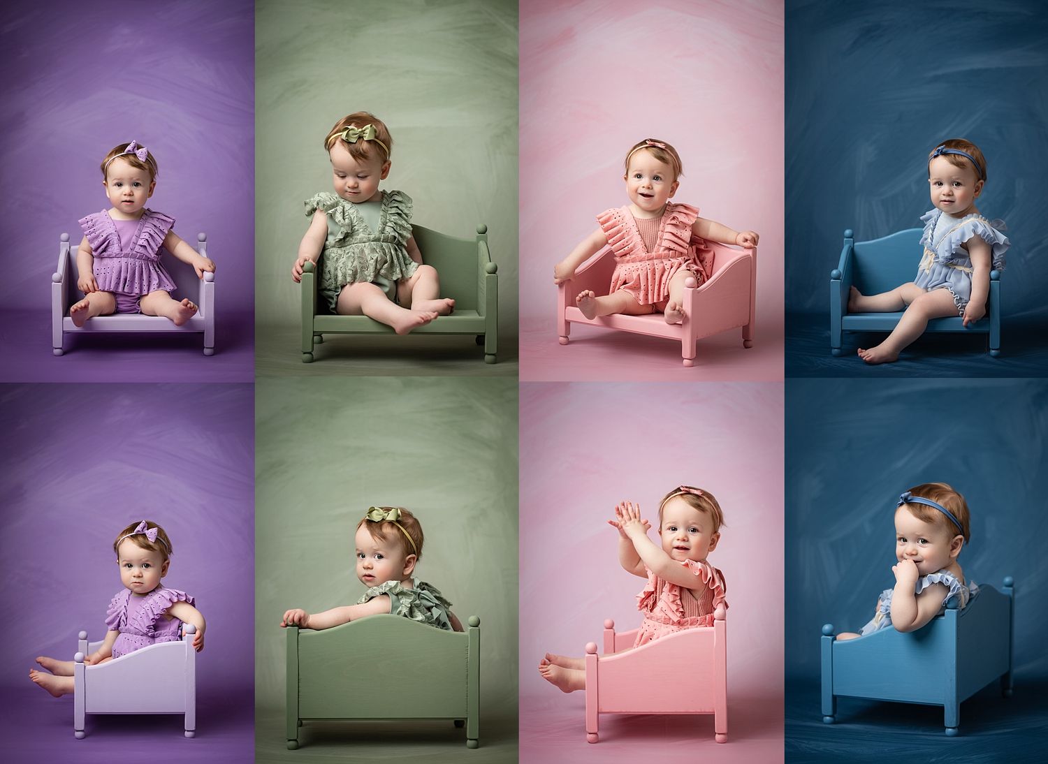 Four baby milestone photos showing different poses in pink and white themed settings.