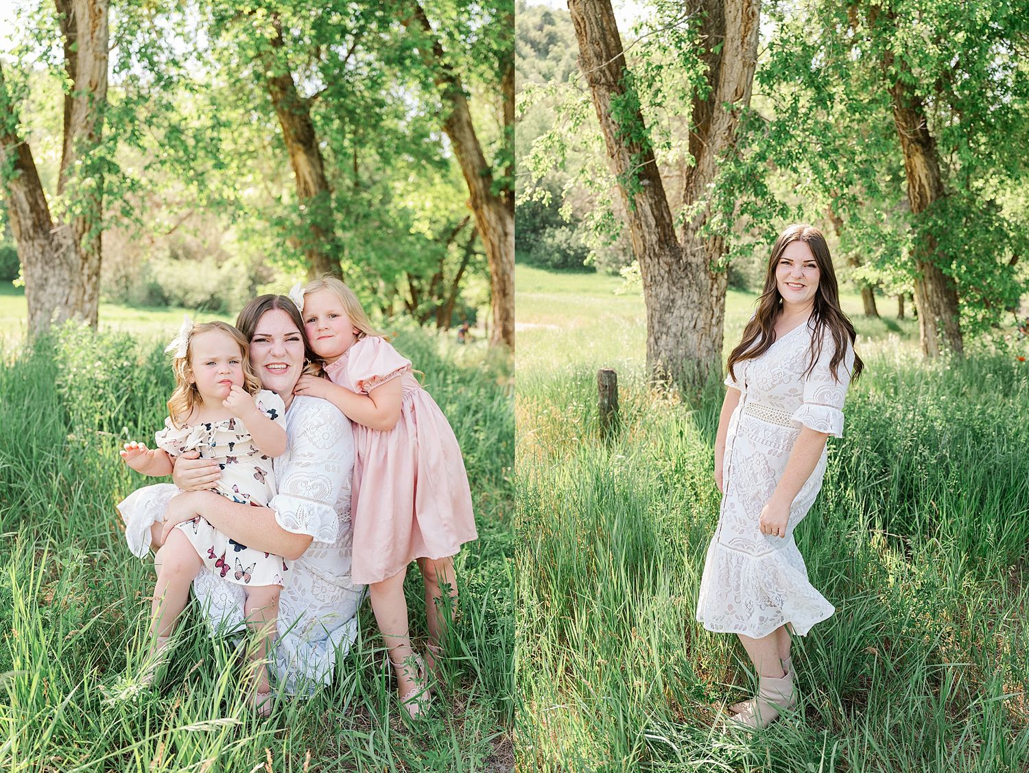 Outdoor family portrait session in a natural setting with wildflowers and trees.