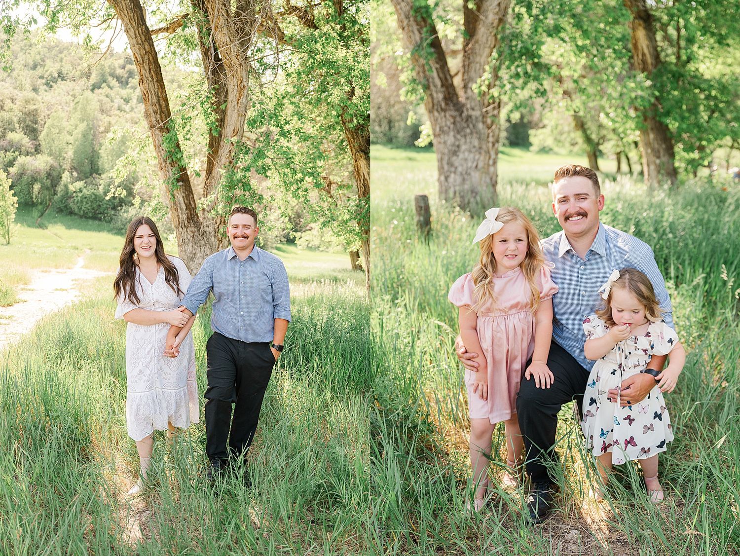 Two-panel portrait of a family in a scenic woodland setting with tall grass and trees.