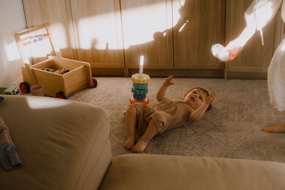 Sunlit interior scene with toys scattered on a carpeted floor.
