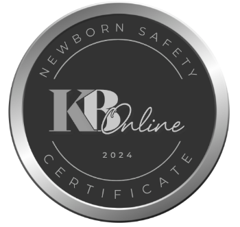 Black and silver circular badge for KB Online Newborn Safety Certificate 2024.