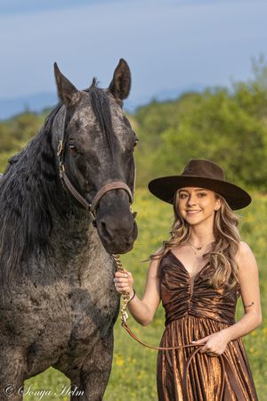 A close-up portrait of a dark horse and someone in western attire standing in a sunny field.