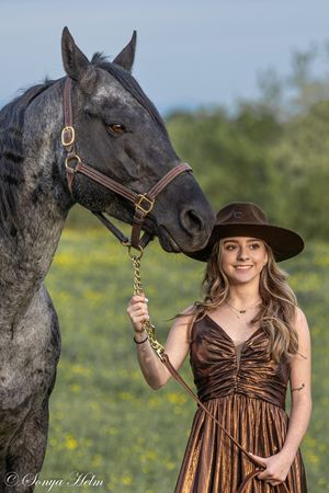 A regal black horse poses with someone wearing a brown dress and cowboy hat in a sunny field.