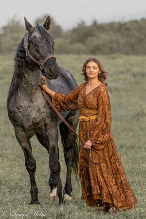 A moody evening portrait of a dark horse with someone in a vintage brown dress in a meadow.