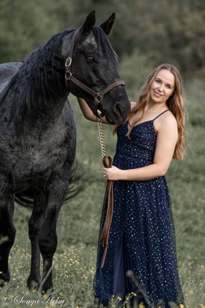 A beautiful black horse poses with someone in a sparkly navy blue gown in a wildflower meadow.