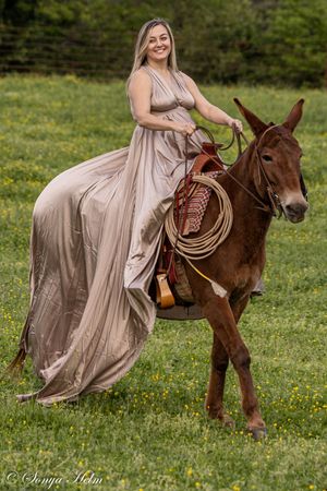 Elegant flowing beige dress contrasts beautifully with a brown mule in a pastoral field setting.