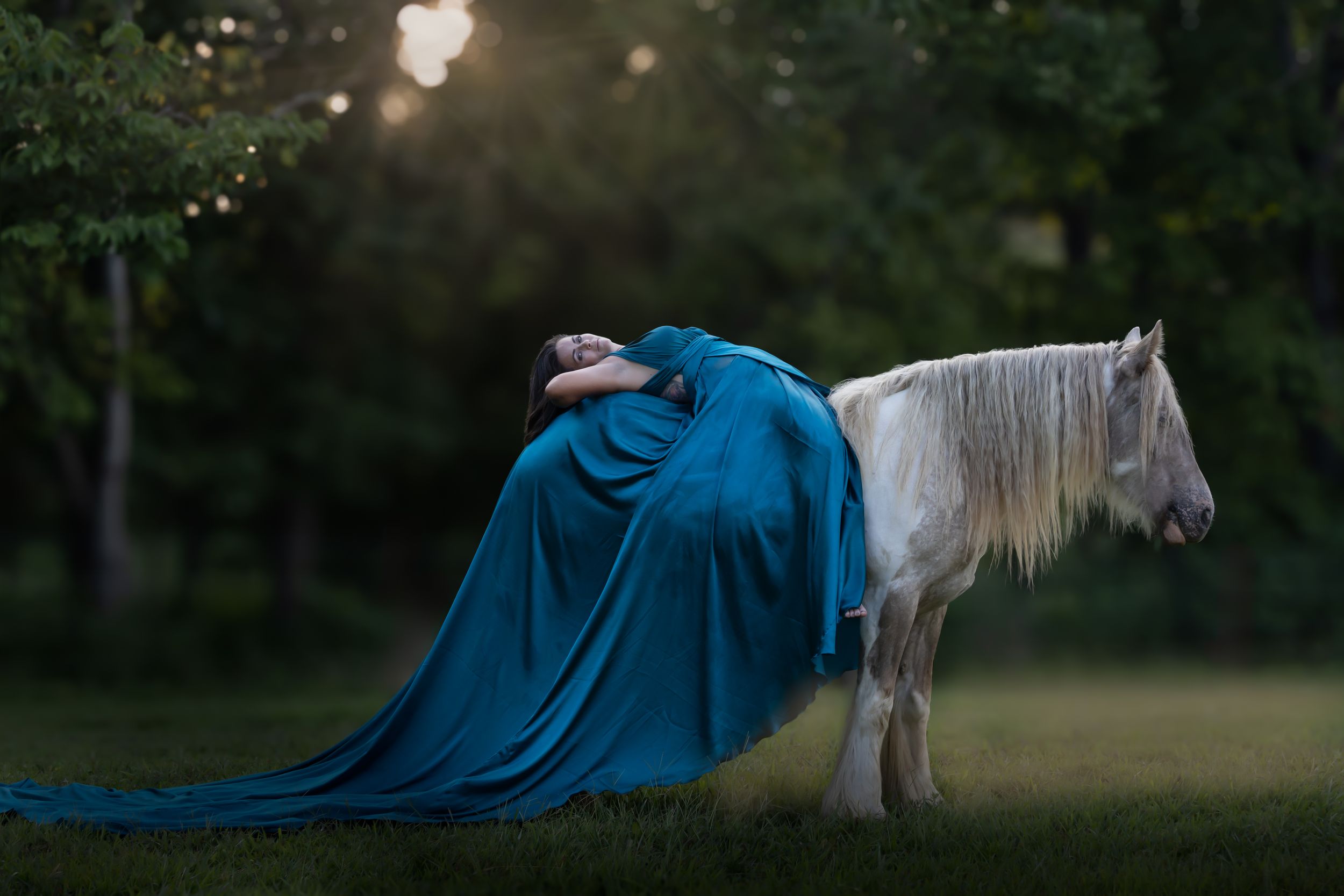 A dramatic portrait shows a figure in a teal dress draped over a white horse at sunset.