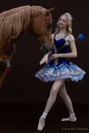 Dancer in blue tutu and tiara shares tender moment with decorated horse in studio portrait.