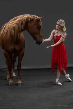 A dancer in a flowing red dress and pointe shoes interacts with a chestnut horse against a dark background.