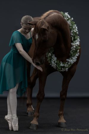 Elegant dance portrait with horse wearing floral garland in moody lighting.