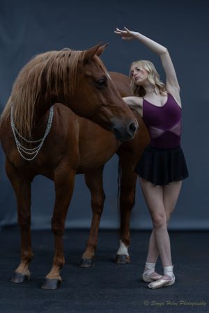Dancer in purple costume strikes elegant pose beside brown horse with decorative chain detail.