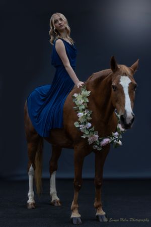 An elegant dance photoshoot featuring a blue-dressed performer atop a brown horse with flower garland.