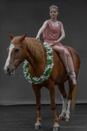 A ballerina in pink sits atop a chestnut horse adorned with a floral wreath against a dark backdrop.