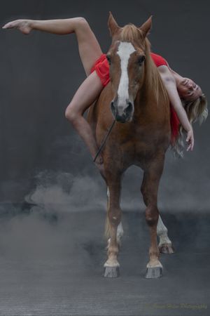 A dramatic pose of a dancer in red atop a chestnut horse with atmospheric smoke effects.