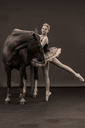 Sepia-toned photo of ballerina in tutu performing alongside dark horse in studio setting.