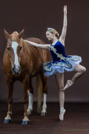 A ballet dancer in a blue tutu performs an elegant pose next to a brown horse against a dark background.