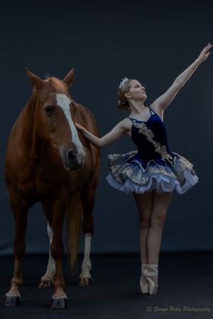 A ballet dancer in a navy blue tutu performs alongside a chestnut horse against a dark backdrop.