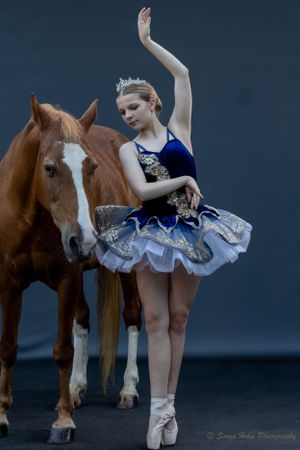 A ballet dancer in a sparkly tutu strikes an elegant pose while standing next to a brown horse.