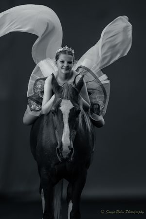 Black and white artistic photo featuring ethereal wings and a horse.