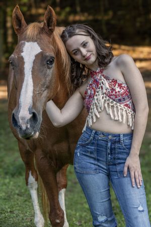 Brown horse with white blaze standing in grassy field during golden hour portrait session.