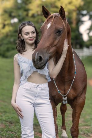 A beautiful chestnut horse wearing a decorative blue necklace poses outdoors with its companion on a summer day.