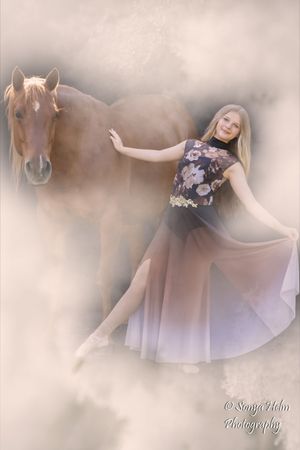 Dreamy sequence of dance poses with a horse in soft mist-like lighting and lavender tones.