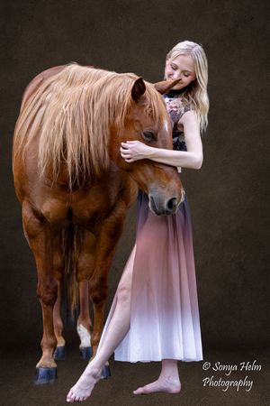 Artistic photo sequence showing intimate moments between a brown horse and someone wearing a flowing pale dress.